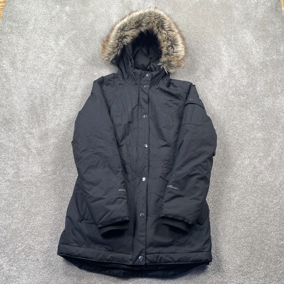 Eddie Bauer WeatherEdge Zip Up Down Hooded Parka Jacket Women's Size S Black - Picture 1 of 16